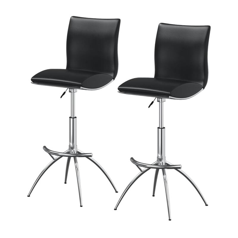 HomeRoots Set of Two Black and Silver Faux Leather and Metal Low Back Adjustable Height Bar Chairs