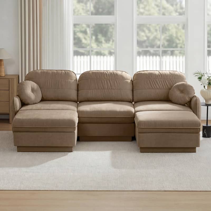105" Chenille Sectional Sofa with 2 Round Pillows and 2 Movable Ottomans