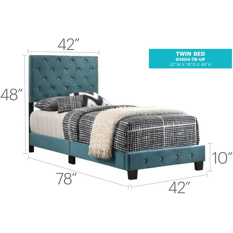 Twin Bed Soft Velvet Tufted, Faux Jewels & Chrome Nailheads - Classic Bedroom Design