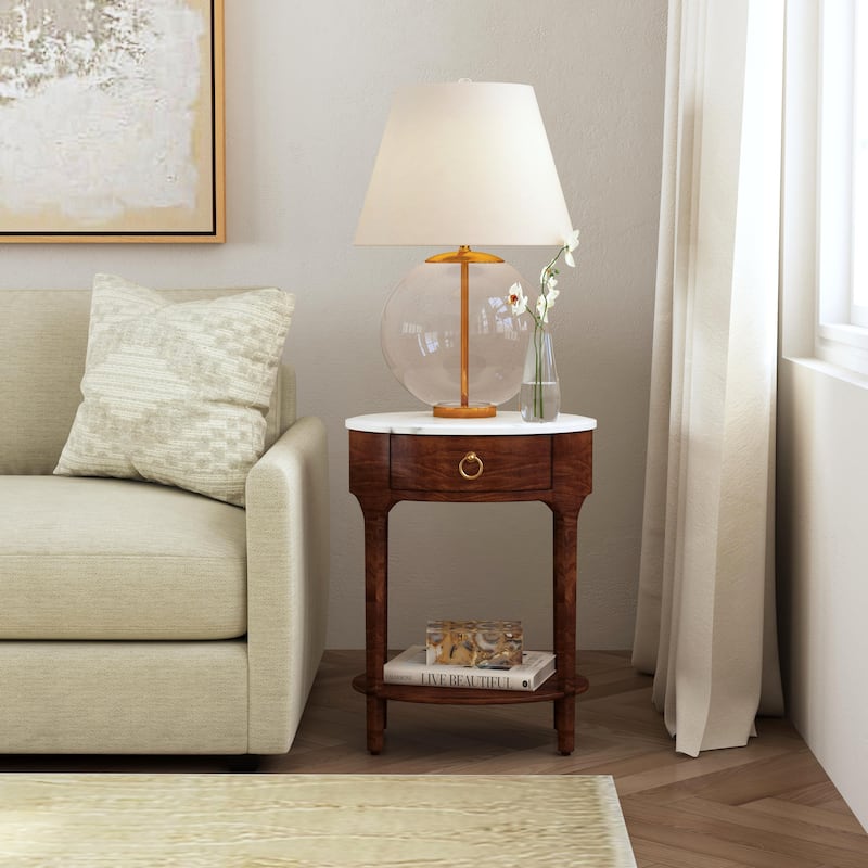 Ellen 18.25 in. W Oval Marble and Wood 1-Drawer Nightstand