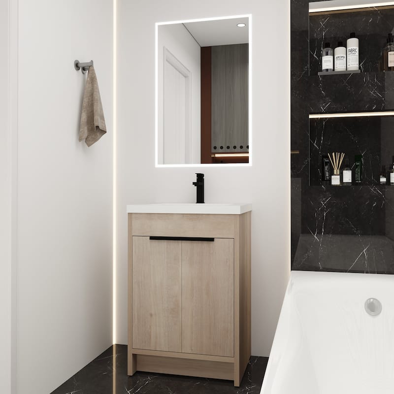 24 Inch Plywood Freestanding Bathroom Vanity With White Resin Sink and Doors and shelf