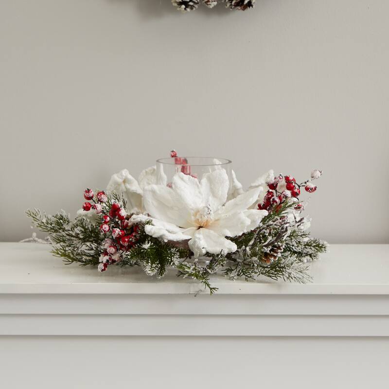 17" Frosted Magnolia and Berry Christmas Artificial Arrangement Candelabrum
