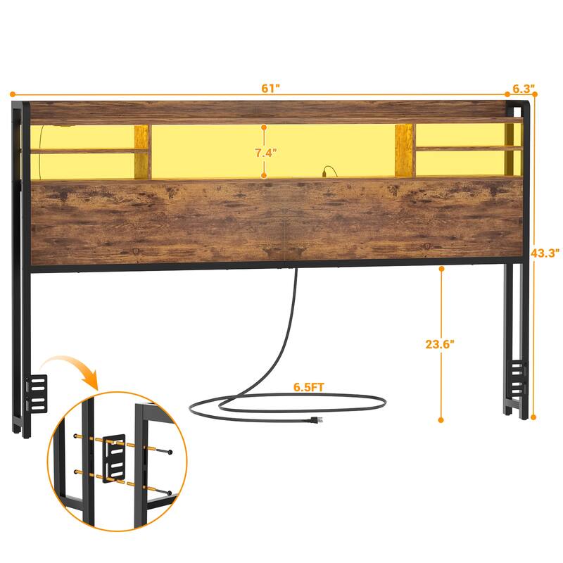 Storage Headboard with USB Port and Power Outlet, Head Board with LED Light for Bed Frame
