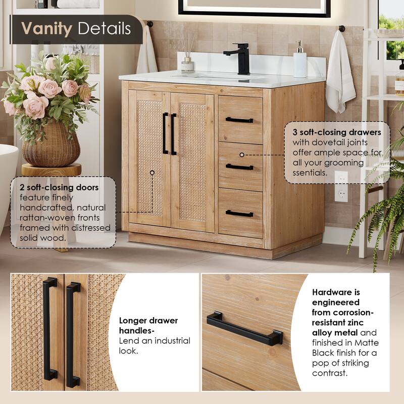 Floral Single Bathroom Vanity in Light Brown with Calacatta White Quartz Countertop without Mirror
