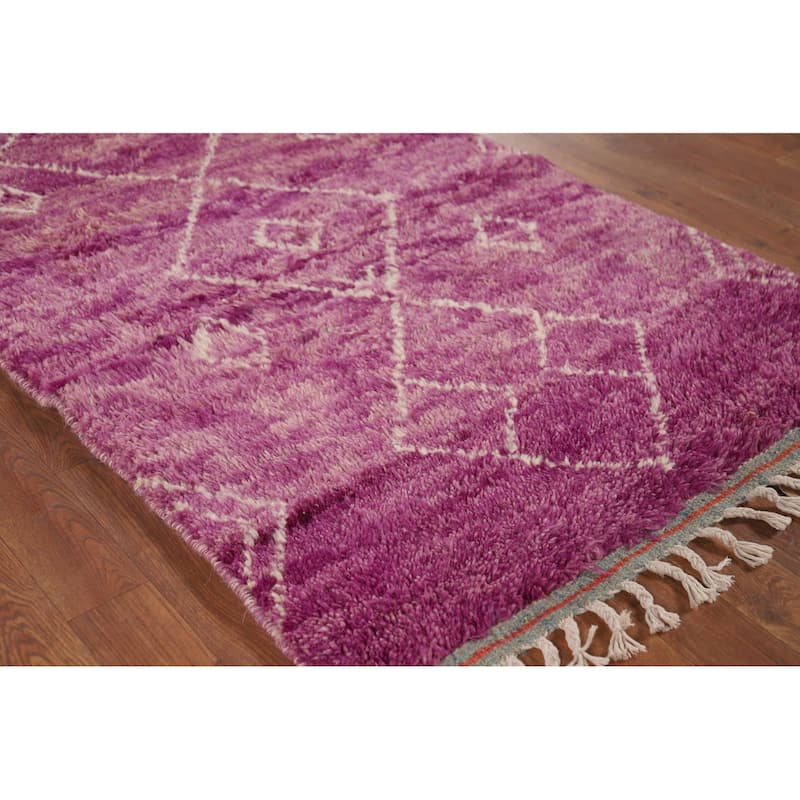 Purple Plush Geometric Moroccan Oriental Rug Handmade Wool Carpet - 2'11" x 5'7"