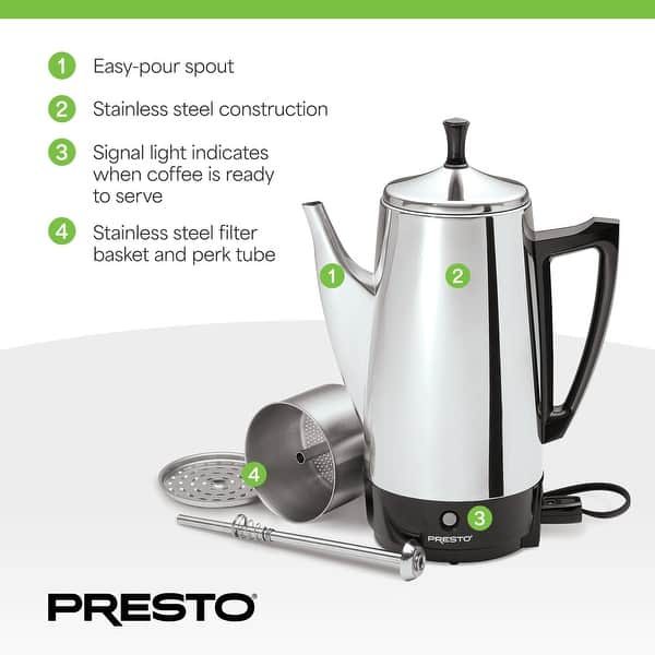 Presto Stainless Steel Coffee Maker, 12 Cup Robust Percolator Coffee,  Silver - 2.79 - Bed Bath & Beyond - 42588519