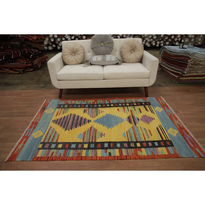 Hand Woven Oriental 100% Wool Carpet Southwestern Tribal Yellow & Gold Kilim Area Rug - 6' 2'' X 4' 0''