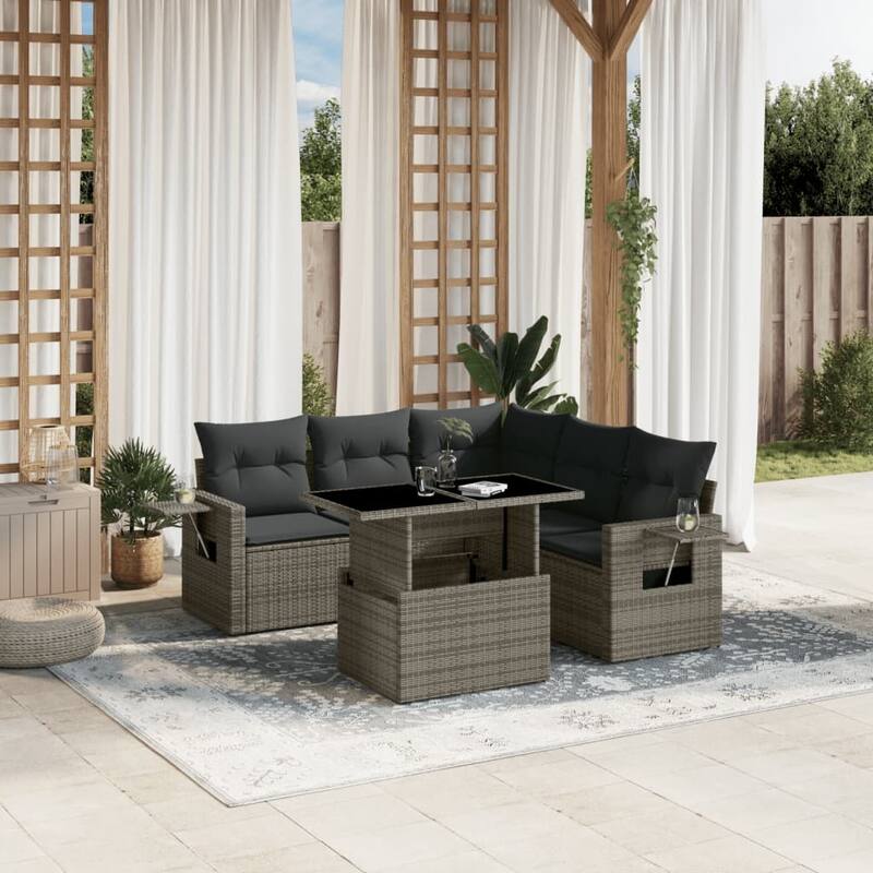 vidaXL Patio Sofa Set with Cushions Outdoor Furniture 6 Piece Poly Rattan - Grey - 21.7 x 39.4 x 28.7