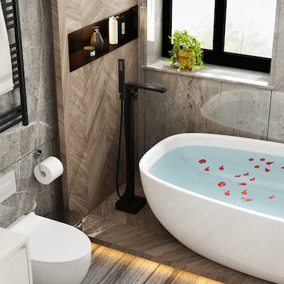 Freestanding Water-plated Black Faucet Set with Hand Shower - 5.9"Wx40.9:H