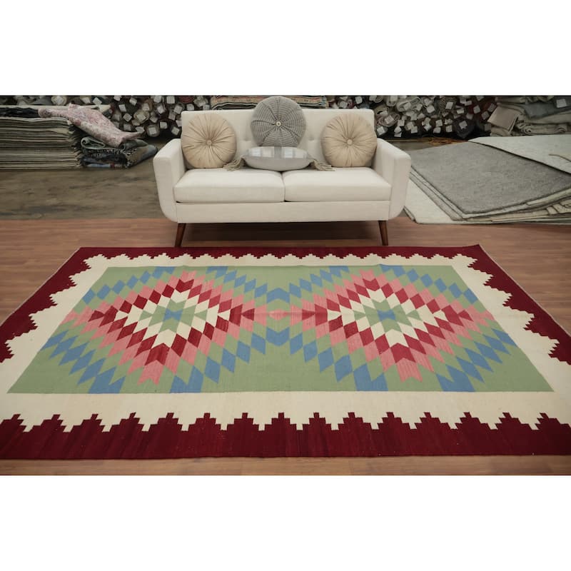 Hand Woven Oriental 100% Wool Carpet Southwestern Tribal Multi-Colored Kilim Area Rug - 9' 0'' X 6' 3''