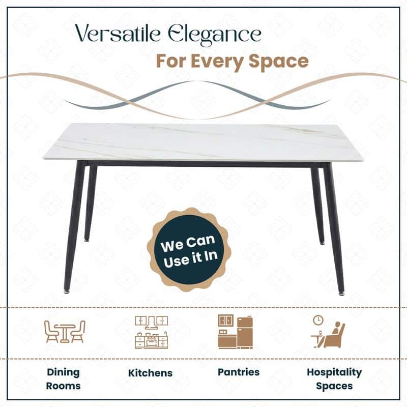Zayle Mid-Century Modern Glass or Sintered Stone Rectangular Dining Table with Powder-Coated Steel Finish for Kitchen