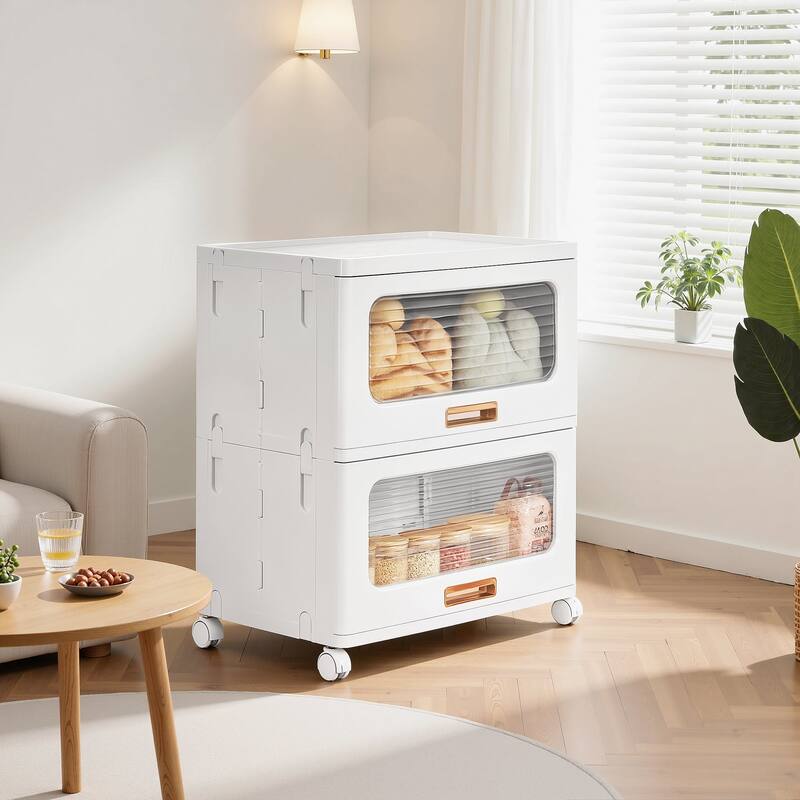 VECELO White Rolling Storage Cabinet with Transparent Doors 1/2/3-Tier Plastic Storage Bins with Wheels for Bedroom Living Room - 2-Drawers - White