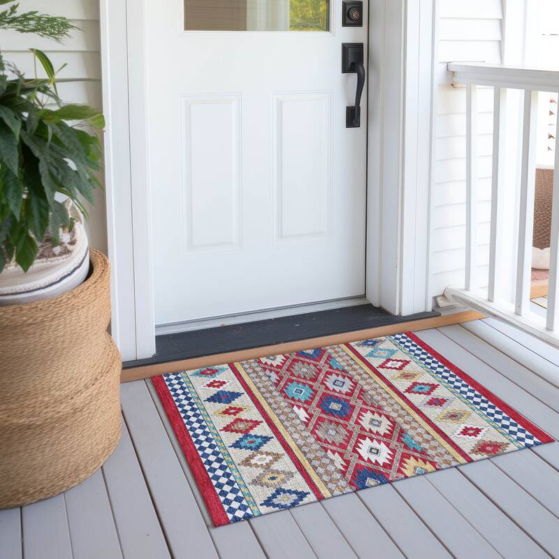 Machine Washable Indoor/ Outdoor Global Clemente Chantille Rug - Red - 1'8" x 2'6"