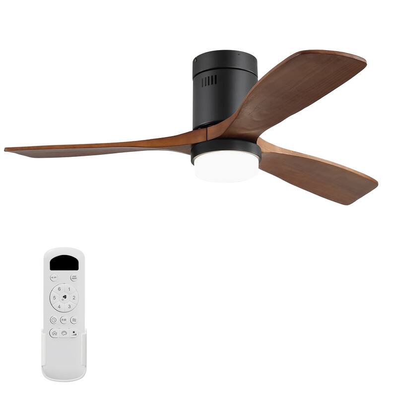 Sofucor 42/52 Inch Low Profile Flush Mount Ceiling Fan with Light,Remote Control,Solid wood/ABS Blades,Reversible Quiet DC Motor - 52 Inches - Black with Brown Solid wood Blades