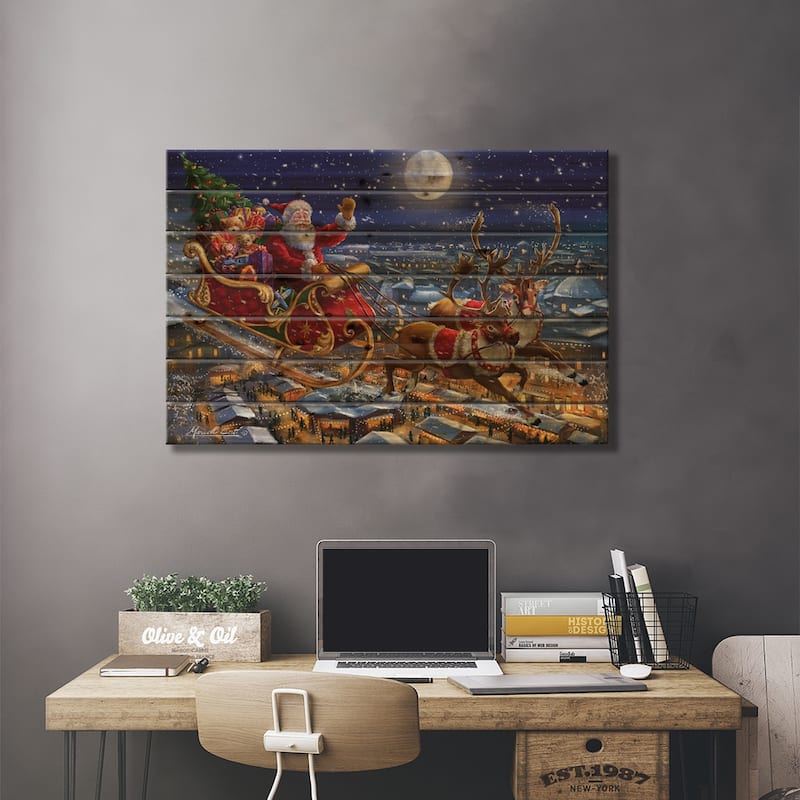 Santa Sleigh And Reindeer In Sky Print On Wood by Marcello Corti - Multi-Color