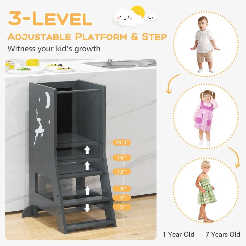 Toddler Kitchen Stool Baby Standing Tower with Chalkboard and Whiteboard - 19.5" x 14.5" x 34.5"