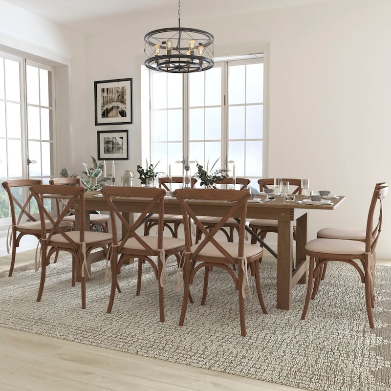 8' x 40" Rustic Folding Farm Table Set with 10 Cross Back Chairs and Cushions - Antique Rustic