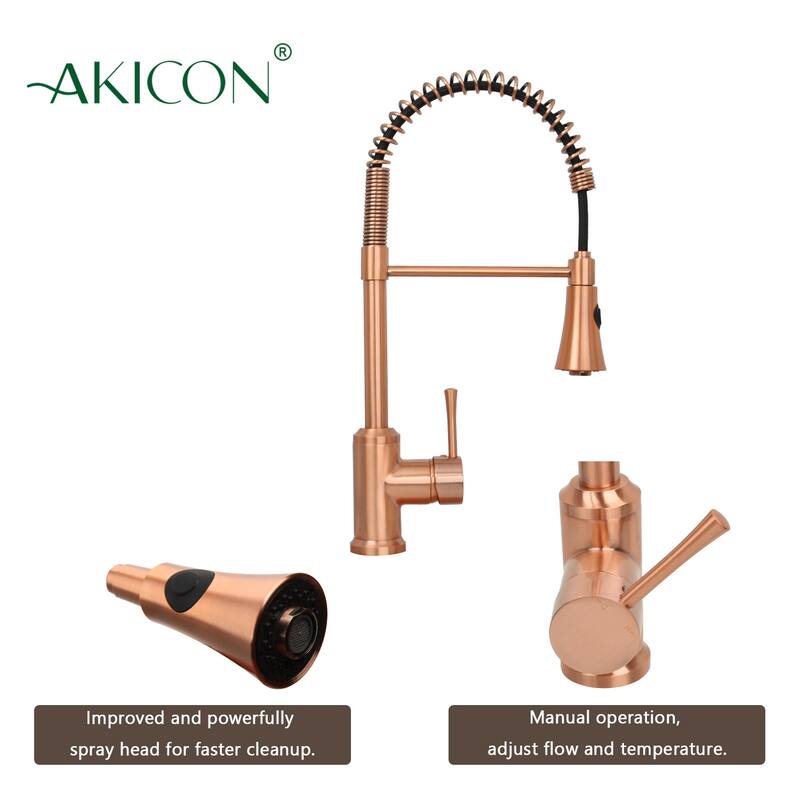 Copper Pre-Rinse Spring Kitchen Faucet, Single Level Handle and Pull Down Sprayer