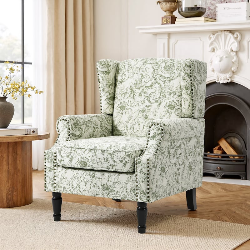 Traditional Floral Patterned Wingback Armchair with Nailhead Trim - Rococo Green