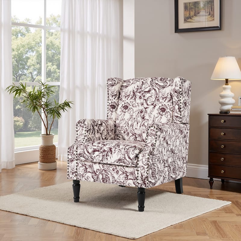Traditional Floral Patterned Wingback Armchair with Nailhead Trim