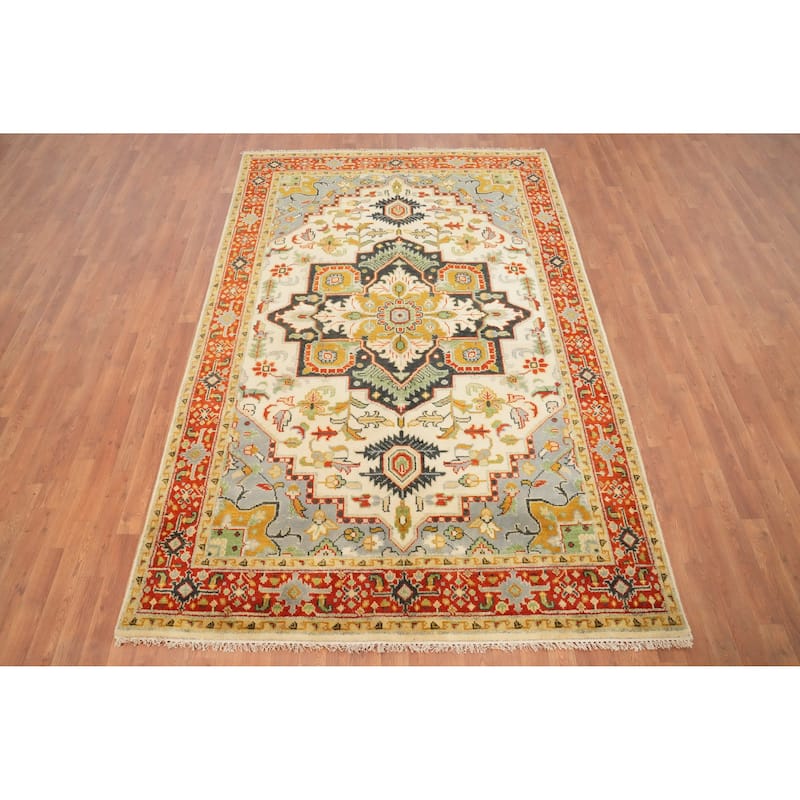 Hand Knotted Oriental 100% Wool Carpet Transitional Floral Beige & Ivories Oushak Area Rug - 9' 0'' X 5' 10''
