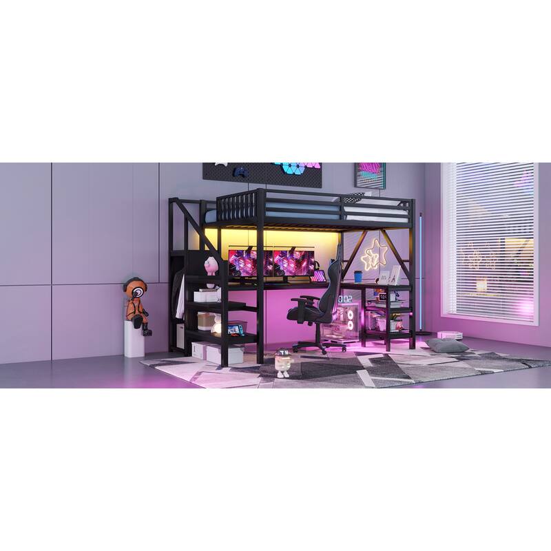 Roomfitters Full/Queen Loft Platform Bed, L-Shaped Desk and LED Wardrobe with Metal Frame for Bedroom or Guest Room