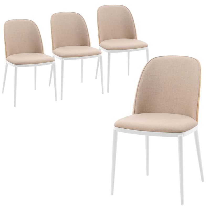 LeisureMod Tule Dining Chair with Upholstered Seat and White Steel Frame, Set of 4 - Natural Wood/Brown