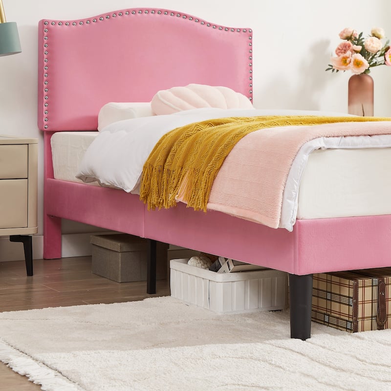 VECELO, Upholstered Platform Bed Frame with Adjustable Headboard, Twin/Full/Queen Size Beds, Pink