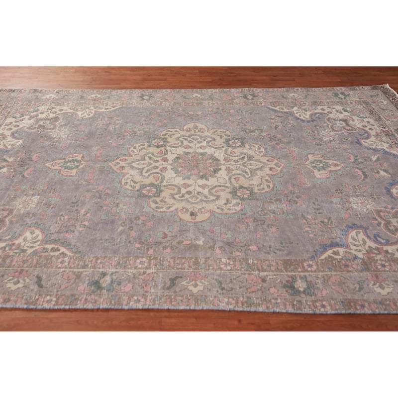 Gray Tabriz Persian Vintage Area Rug Handmade Wool Carpet - 6'8" x 9'7"