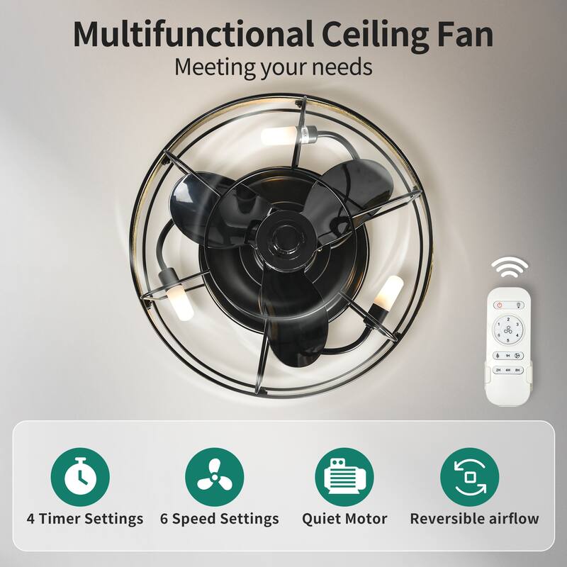 Moasis 15.7" Flush Mount Cage Ceiling Fan with Light and Remote Control