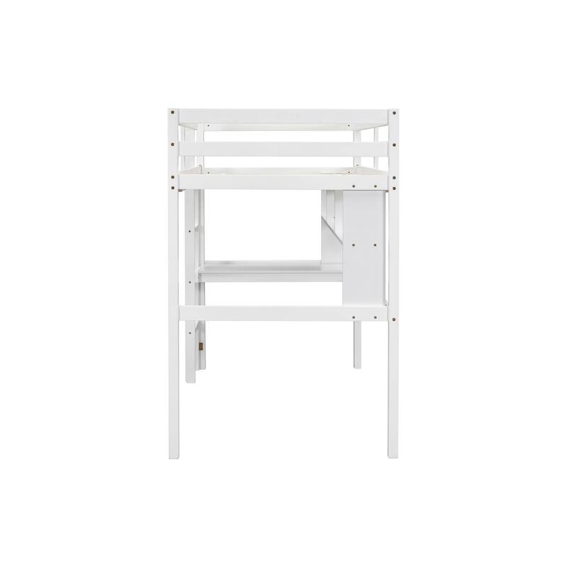 White Twin Size Wood Loft Bed with desk and shelves, Safety Guardrail and ladder