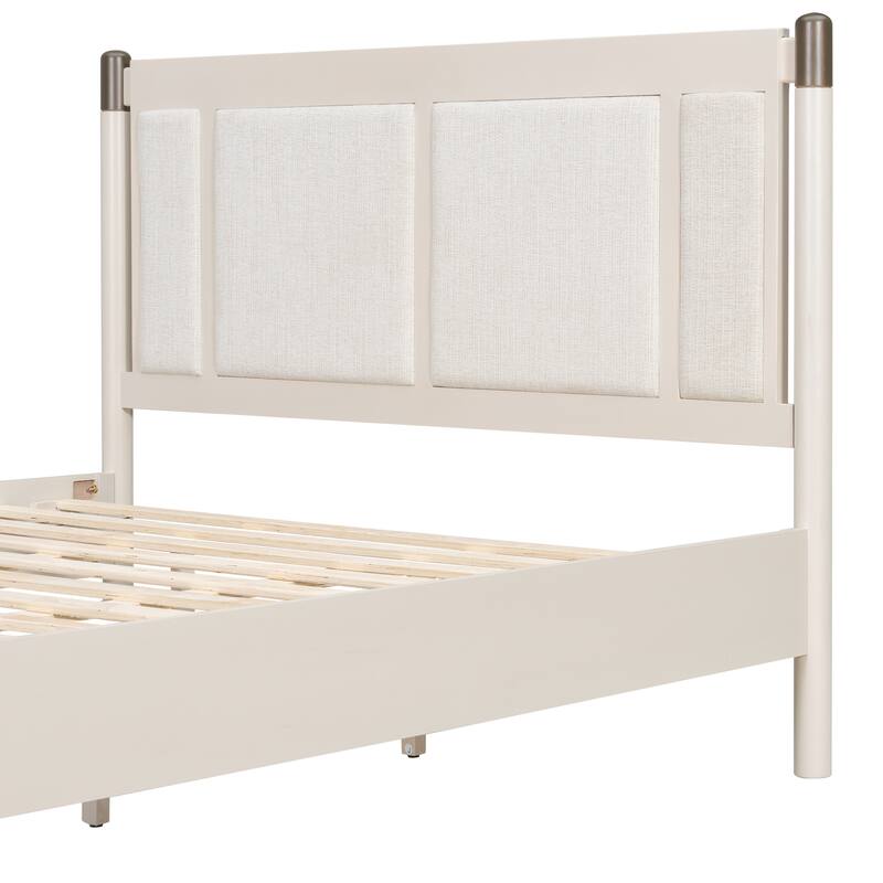 Modern Solid Wood Bed Frame Platform Bed with Central Textured Fabric Upholstered Headboard/Metal Handles/No Box Spring Needed