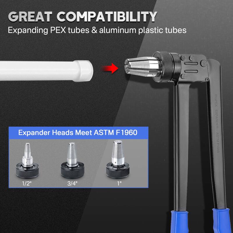 PEX Expansion Tool Kit Tube Expander w/ 1/2" 3/4” 1” Expander Heads Carry Case - One-size