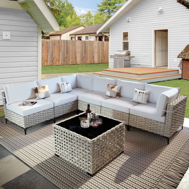 OVIOS 7 Pieces Outdoor Wicker Furniture Set With Solar-Powered Coffee Table - Light Gray