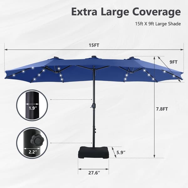 dimension image slide 12 of 15, MAISON ARTS 15-foot Rectangular Crank Double-sided Outdoor Market Umbrella Solar LED Lighted Patio Umbrella with Base Included