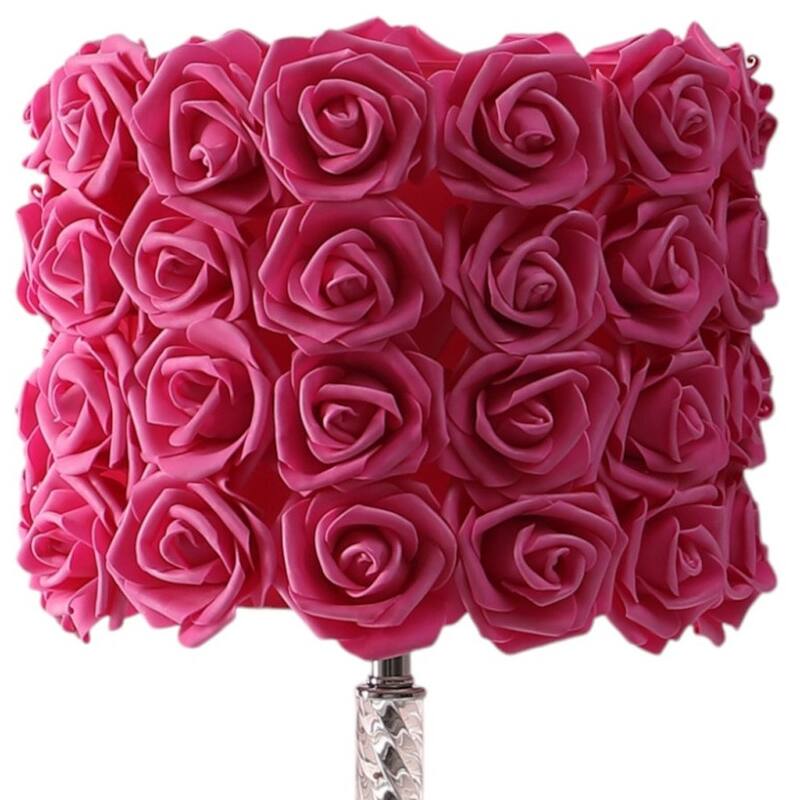 HomeRoots Silver Bedside Led Table Lamp With Red Flowers Drum Shade - Small