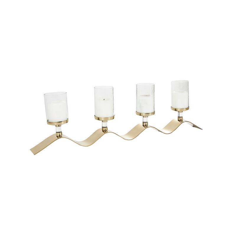 Stainless Steel Metal 4 Candle Hurricane Lamp with Wavy Base - Gold - Roche River Decor - 4"W x 33"L x 10"H