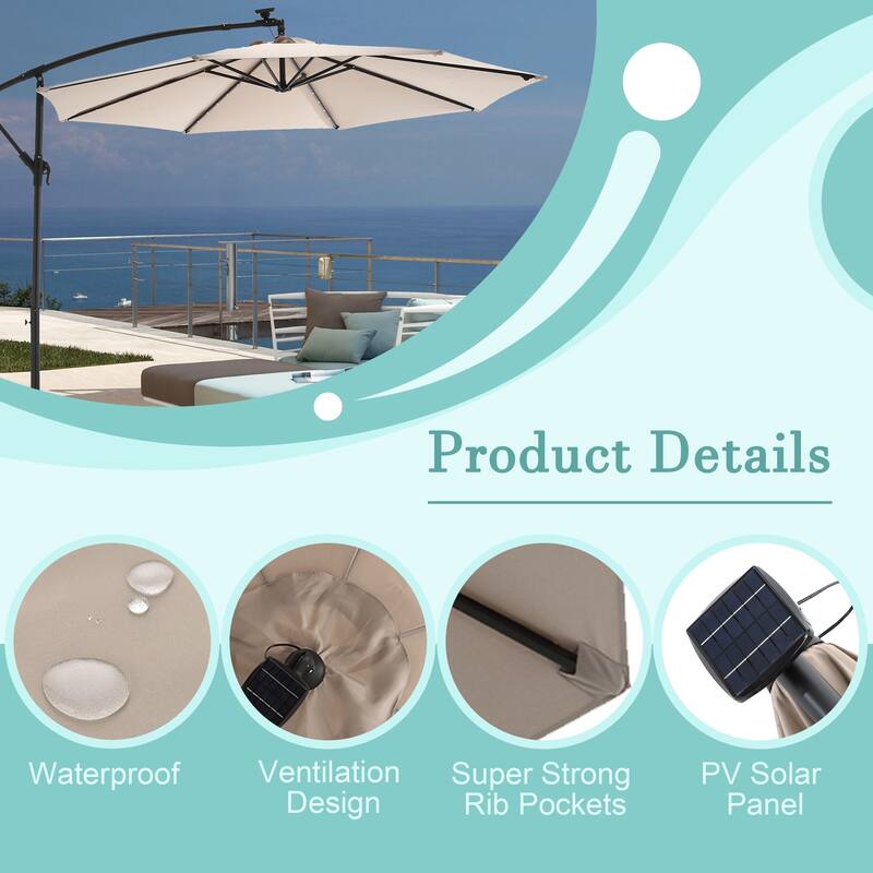 HOMEFUN 10ft Solar LED Offset Hanging Market Patio Umbrella