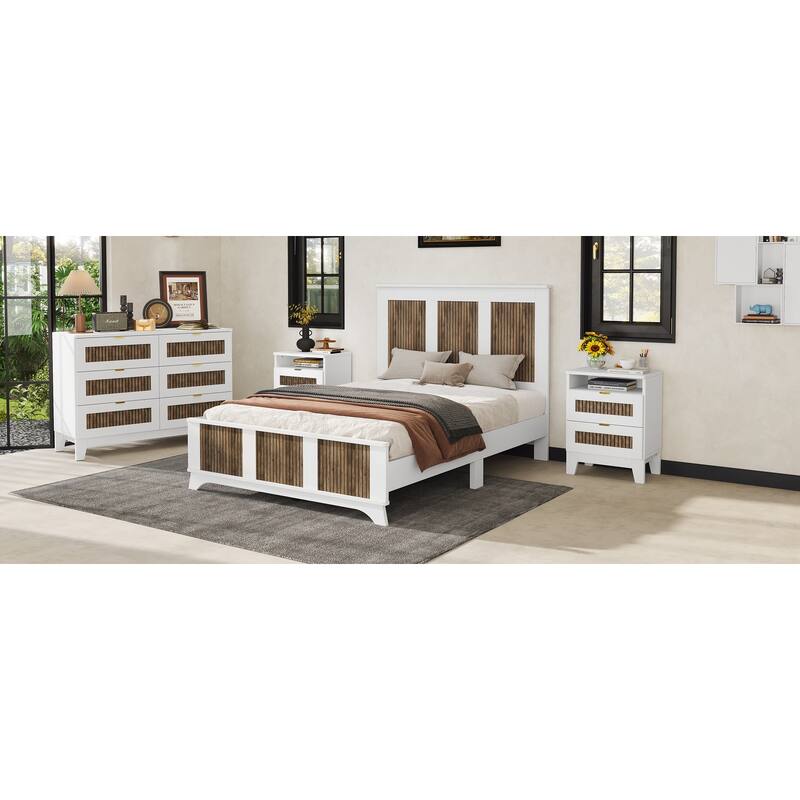Stylish Platform Bed Slats Support Wood Bed, Rustic Farmhouse Style Bed Frame with Wooden Strip Decoration Elevated Headboard