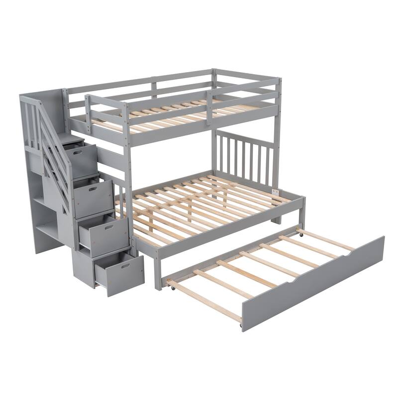 Twin Over Full Bunk Bed with Trundle and Staircase Storage Solid Wood