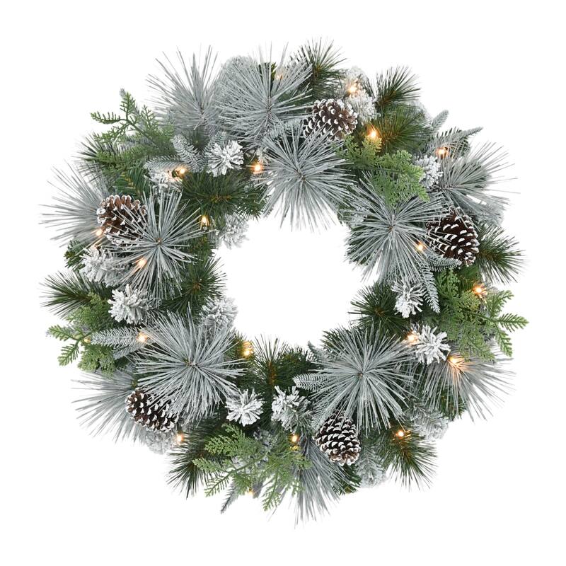 Pre-Lit Flocked Mixed Pine and Pine Cone Artificial Christmas Wreath - 24" - Warm White