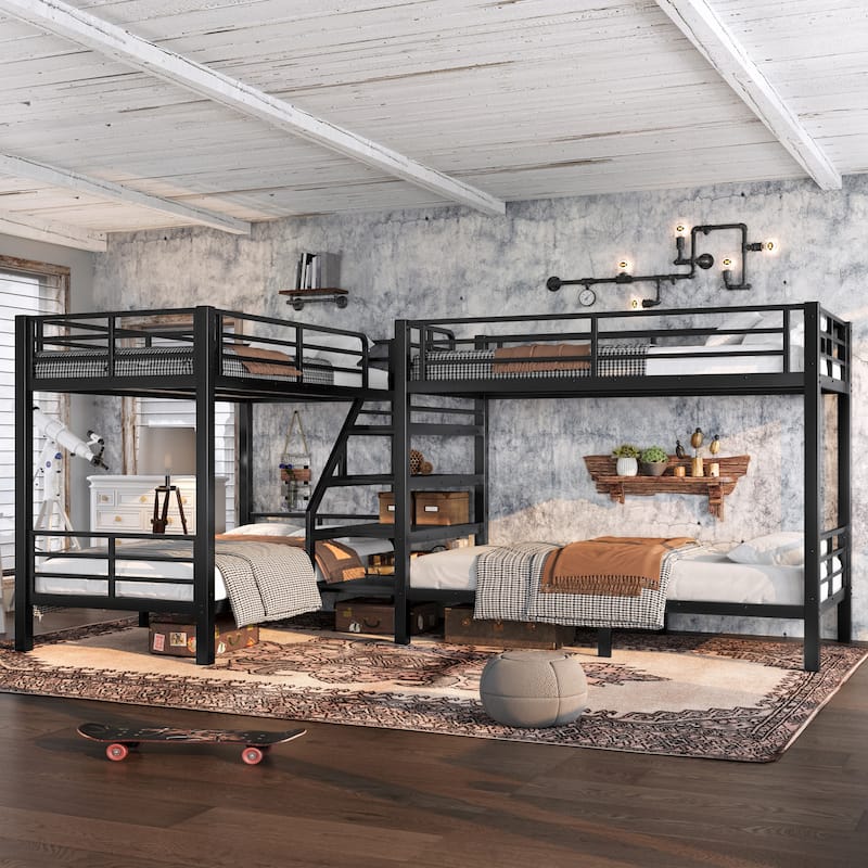 Twin L-Shaped Metal Bunk Bed with Storage Shelves & Safety Guardrail