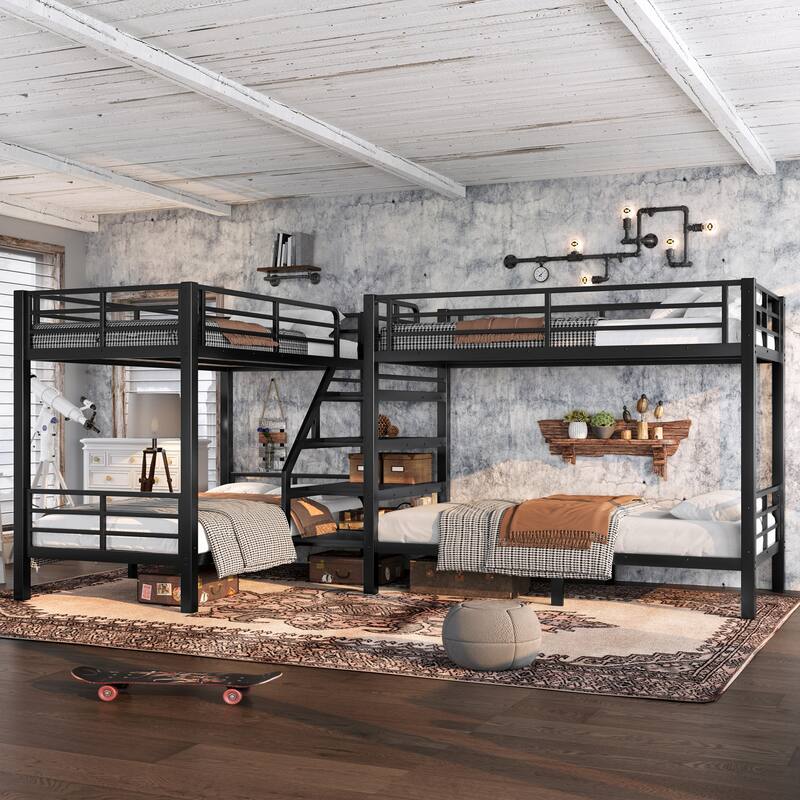 Twin L-Shaped Metal Bunk Bed with Storage Shelves and High-Quality safety Guardrail, Space-Saving