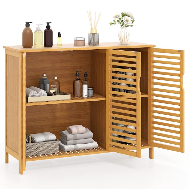 3-Door Natural Wicker Storage Cabinet with Adjustable Shelves for Bathroom, Kitchen or Dining Room - 39.5" x 14" x 31.5"