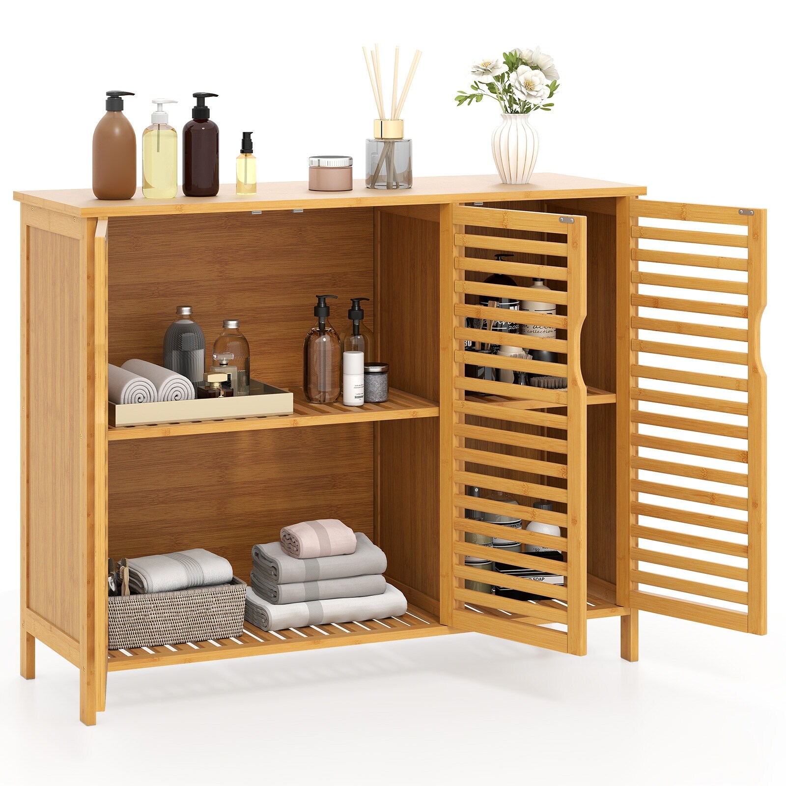Gymax Bamboo Bathroom Cabinet 3-Door Storage Organizer w/ Shelves