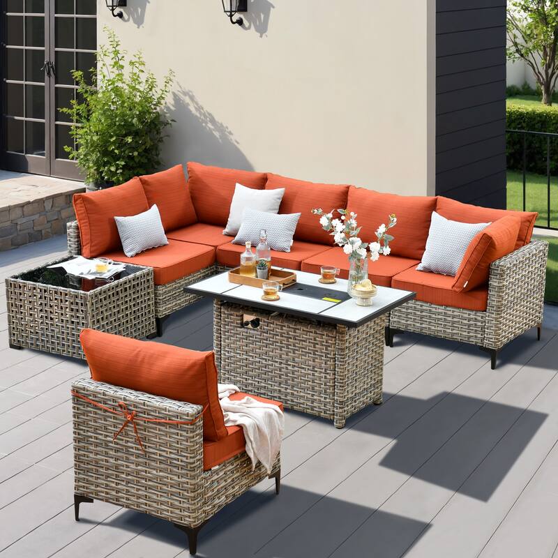 XIZZI 8-Piece Outdoor Wicker Furniture Sectional Set with Firepit - Red/Orange