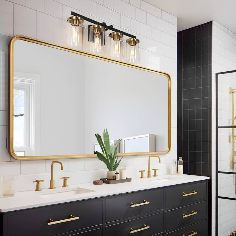 Modern Farmhouse 4-Light Black Gold Linear Bathroom Vanity Light Cylinder Glass Wall Sconce