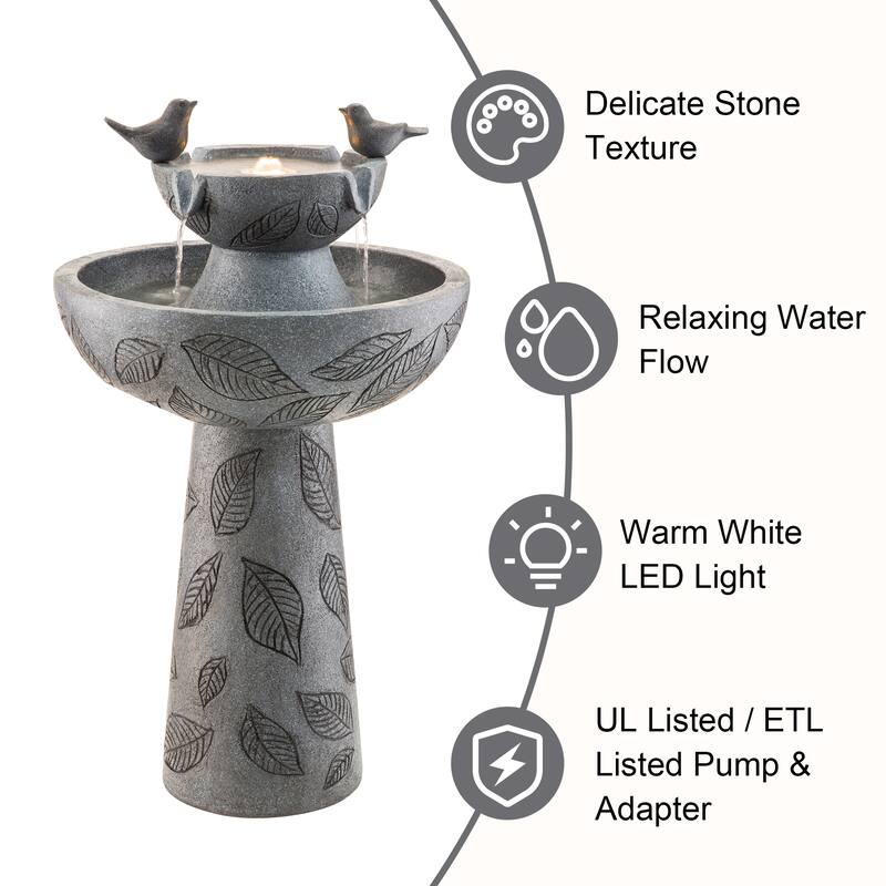 Glitzhome Birdbath Polyresin Outdoor Fountain with Birds, Pump and LED Light