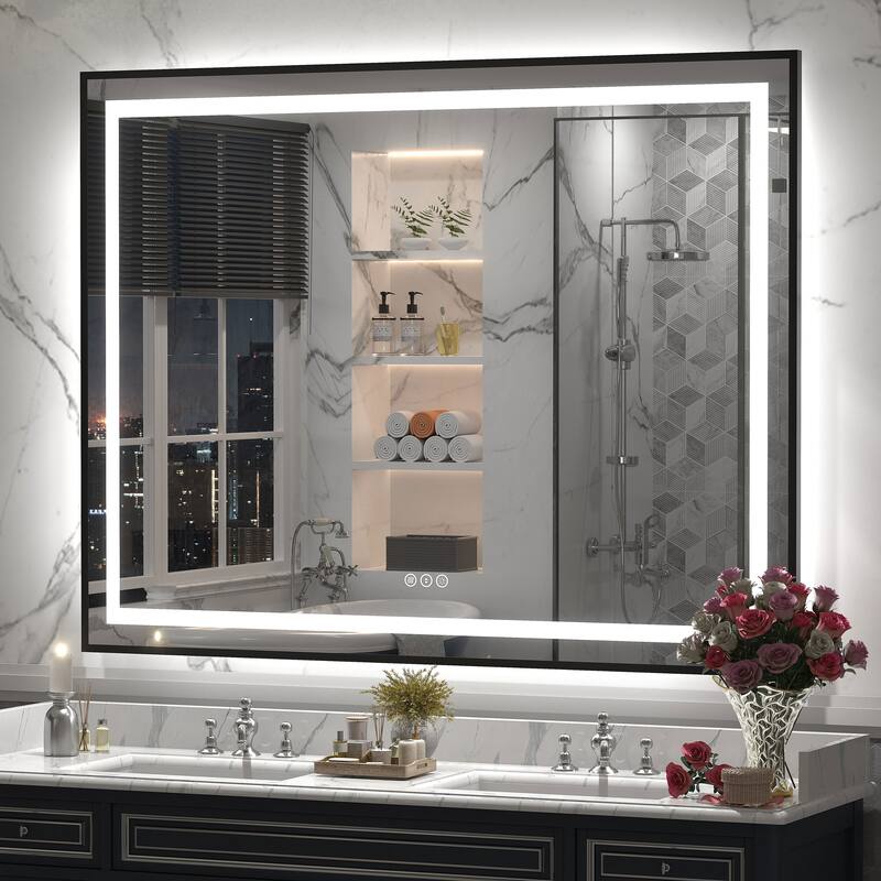 Black Metal Framed LED Front Light and Backlit Anti-Fog Wall Bathroom/ Vanity Mirror - 51" x 40"-Square Corner - Black