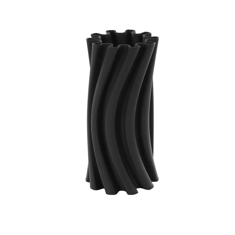 Ceramic Abstract Curvy Ribbed Decorative Vase with Floral Shaped Rim - Black - Roche River Decor